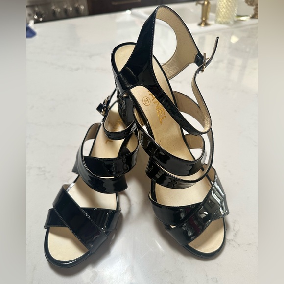 CHANEL Shoes - Chanel Camellia Block Heel Patent Sandals 39.5
